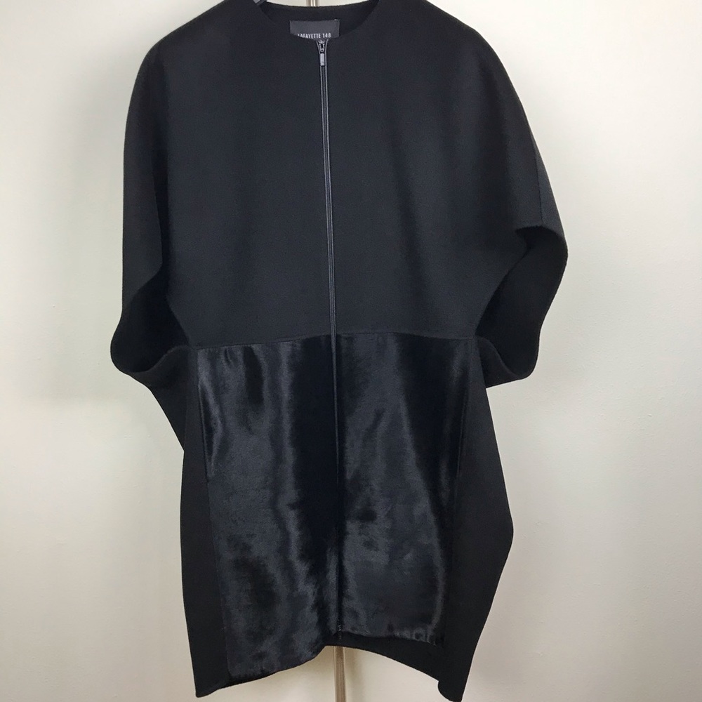 Lafayette 148 Black Wool Calf Hair Zip Front Coat